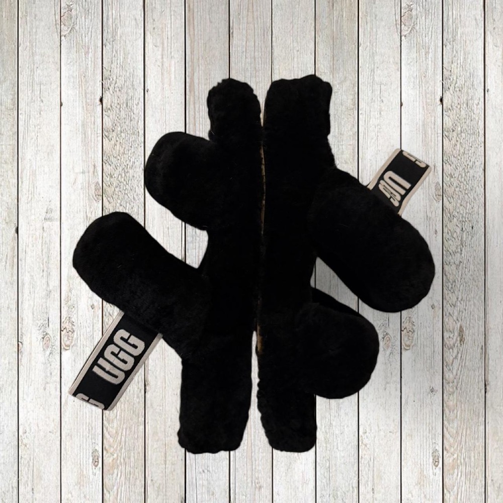 UGG Womens Fluff Yeah Slide Black Sheepskin Elastic Slingback Slippers 7.5 Women